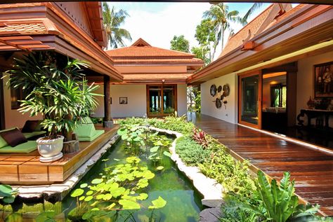 lotus pond Thai style buildings. Thai House Design, Bali Style Home, Thai House, Luxury Beach House, Bali House, Casas The Sims 4, Lotus Pond, Tropical House, Village House Design