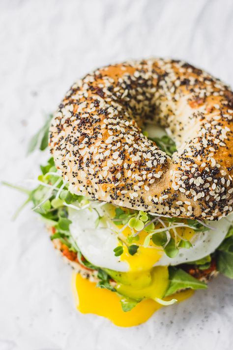 Romesco Breakfast Bagel Sandwich - easy to make and full of flavor! #recipe #forkinthekitchen #brunch #vegetarian | Fork in the Kitchen Breakfast Bagel Sandwich, Bagel Sandwich Recipes, Bagel Sandwiches, Best Breakfast Sandwich, Bagel Breakfast Sandwich, Breakfast Sandwich Recipes, Breakfast Bagel, Homemade Bagels, Bagel Sandwich