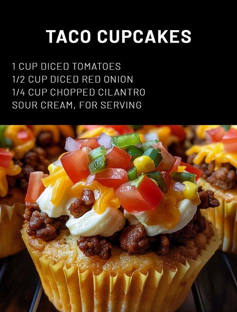 Taco Cupcakes Taco Cupcakes, Taco Cake, Savory Cupcakes, Dessert Taco, Luncheon Ideas, Taco Cups, Frito Pie, Unique Snacks, Lunchbox Treats