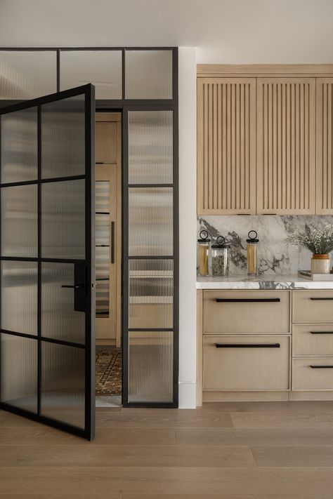 Calabadass — Morrison Interiors Morrison Interiors, Modern Pantry, Glass Pantry Door, Reeded Glass, Glass Doors Interior, Flute Glass, Pantry Design, Glass Kitchen, Glass Doors