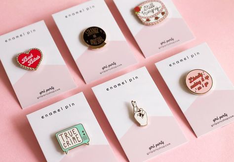 Kelly 🐰 Girl Party on Instagram: “New pin packaging who dis” Pin Packaging, Pin Photography, Pin Button Design, Spooky Pins, Pins Badge Display, Heart Enamel Pin, Pins Enamel, Feminist Pins, Skull Pin