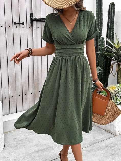 Women's Holiday Leisure Solid Color Cinched Waist Dress Green Casual  Short Sleeve Woven Fabric Plain A Line Non-Stretch  Women Clothing, size features are:Bust: ,Length: ,Sleeve Length: Cinched Waist Dress, Women Midi, Inspired Dress, 50 Fashion, Trending Dresses, Cinched Waist, Waist Dress, Kids Beachwear, Womens Midi Dresses