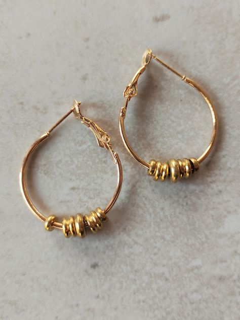 Gold Sleeper Earrings, Gold Bead Earrings, Bohemian Minimalist, Sleeper Earrings, Brass Beads, Earrings Beaded, Beaded Hoop Earrings, Beaded Hoops, Delicate Earrings