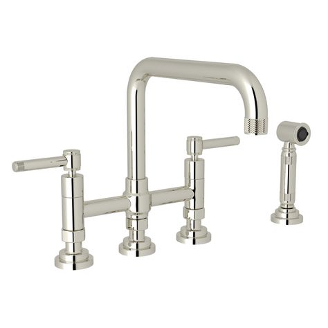 ROHL Campo Deck Mount U-Spout 3 Leg Bridge Faucet with Sidespray - Polished Nickel with Industrial Metal Lever Handle | Model Number: A3358ILWSPN-2 - House of Rohl Nickel Bathroom Fixtures, Rohl Kitchen Faucet, Bridge Kitchen Faucet, Wall Hung Sink, Bridge Faucet, Nickel Bathroom, Kitchen Faucets Pull Down, Pull Out Faucet, Pedestal Sinks