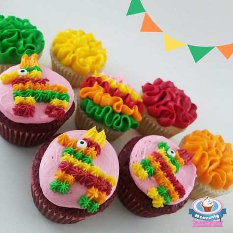 Taco Party Cupcakes, Taco Themed Cupcakes, Fiesta Cupcake Cake, Taco Cupcakes Birthday, Three Esta Cupcakes, Three Esta Birthday Party Cupcakes, Piñata Cupcakes, Pinata Cupcakes, Taco Twosday