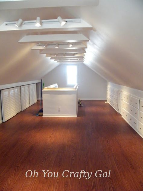 Attic Remodel knee wall closet and built in dressers and cubbies white beams and track lights cathederal ceiling Sewing Room Design Layout, Attic Lights, Layout Bathroom, Attic Decor, Attic Renovation Ideas, Attic Lighting, Track Lights, Built In Dresser, Knee Wall