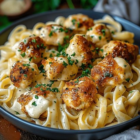 Garlic Butter Chicken Bites with Creamy Parmesan Pasta – quick, flavorful, and comforting. Perfect for weeknight dinners. Try it tonight! Creamy Parmesan Pasta, Chicken Breast Pasta, Garlic Butter Chicken Bites, Butter Chicken Bites, Garlic Butter Pasta, Garlic Chicken Pasta, Garlic Parmesan Pasta, Creamy Garlic Chicken, Chicken Pasta Bake