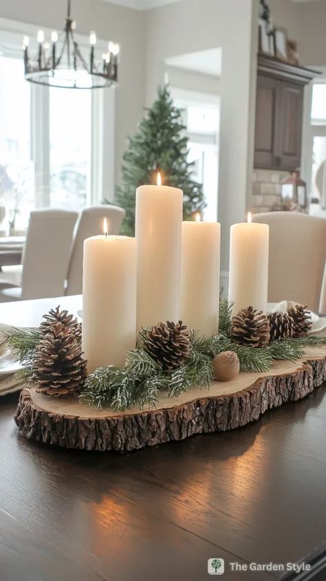 January Table Centerpieces, Holiday Centerpieces For Tables, Non Christmas Winter Decor, Christmas Centerpiece Ideas, Candle Table Centerpieces, Woodsy Decor, Candle Decorations, Christmas Decorations Centerpiece, Christmas Vases