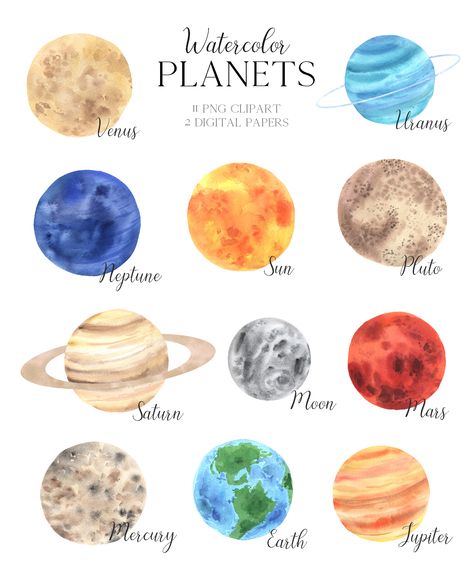 Watercolor Planets Solar System, Watercolor Solar System, Planet Watercolor Painting, Space Stickers Planets, Planets Aesthetic Drawing, Planets Watercolor, Planets Drawing, Solar System Painting, Planet Clipart