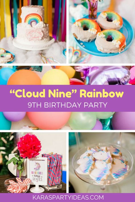 “Cloud Nine” Rainbow 9th Birthday Party via Kara's Party Ideas - KarasPartyIdeas.com Cloud Ideas, Girls 9th Birthday, 9th Birthday Party, Shopkins Birthday Party, Shopkins Birthday, Sleepover Birthday Parties, Girls Birthday Party Themes, Kids Themed Birthday Parties, 9th Birthday Parties