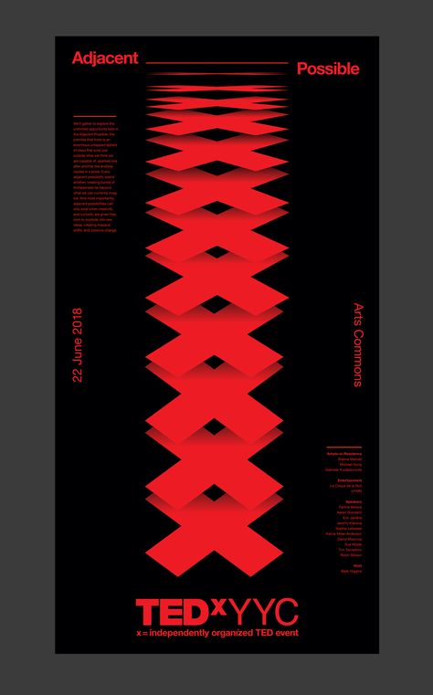 Repetition: Piece uses repetition to guide the viewer's eye to follow the shapes that run down the center of the composition. Also uses repetition of color and typeface to strengthen the relationship between all of the elements that make up the composition of the piece. Graphic Design Repetition, Repetition Graphic Design, Black And Red Graphic Design, Red Black Poster, High Contrast Design, Red Black Branding, Red And Black Branding, Tedx Design, Repetition Design