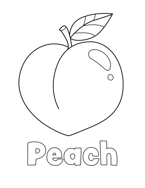 Peach Coloring Page from LittleBeeFamily.com Fruit Printables Free Coloring Pages, Peach Activities For Kids, Fruit Worksheets For Kindergarten, Veggie Coloring Pages, Peach Drawing Cute, Fruit Stencils, Peach Template, Peach Coloring Page, Fruits Sketch