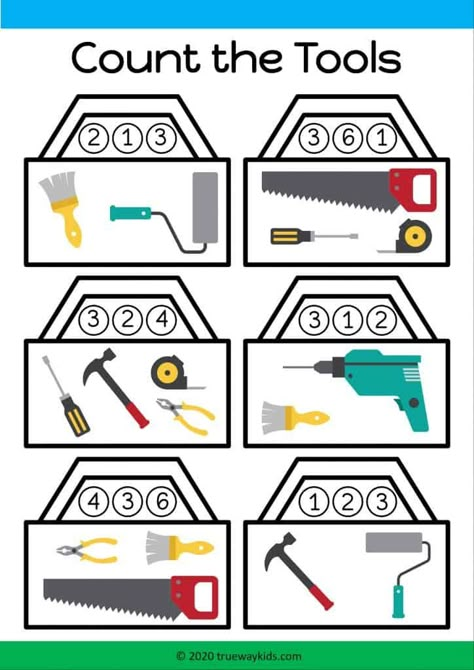 Count the tools worksheet - Free printable. Count the tools and find the matching number. Preschool math worksheet. Construction theme counting. Tool Crafts For Kids, Builders Activities For Preschool, Preschool Tools And Machines Theme, Construction Activities Preschool Free Printables, Preschool Tools Theme, Tools And Machines Preschool Activities, Construction Counting Activities, Tools And Machines Preschool Theme, Builders And Fixers Preschool