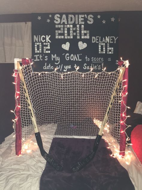 Sadies ask idea hockey theme Hockey Hoco Proposals, Sadie Hawkins Proposals, Sadies Proposal, Cute Hoco Proposals, Sadie Hawkins Dance, Cute Promposals, Prom Posters, Cute Homecoming Proposals, Cute Prom Proposals