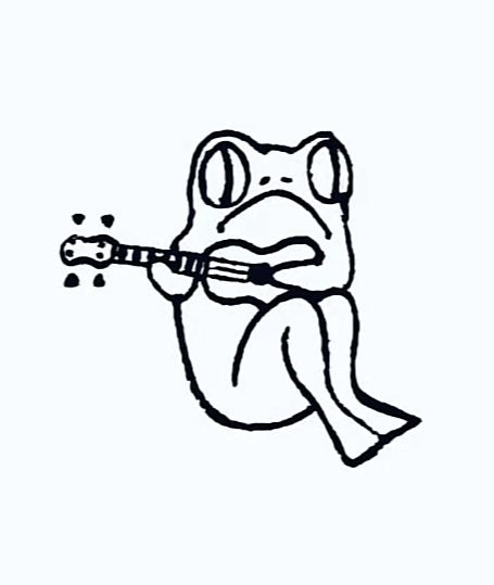 Animals Playing Instruments Tattoo, Guitar Design Ideas Art, Frog Playing Guitar Tattoo, Silly Flash Tattoos, Silly Frog Drawings, Cavetown Tattoo Ideas, Frog With Guitar, Frog With Banjo, Fun Tattoo Ideas