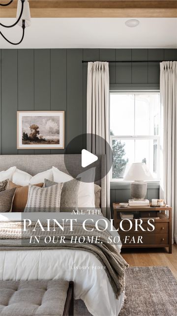 Lindsey Pedey on Instagram: "FAQ: What paint color is that?! 👀 Save this post so you can easily come back to it! And follow along as we finish Emma’s room. ✨   Primary Bedroom: BM Millstone Gray Pantry door & Locker room shiplap: SW Naturel Kitchen cabinets, all walls & trim: BM Chantilly Lace  Jack’s Bedroom: BM Blue Brush Kate’s Bedroom: BM Meadow Pink Ben’s Bedroom: Miller Paint Haven Emma’s Bedroom: SW Stardew Powder Bath: SW Iron Ore Laundry Cabinets: SW Roycroft Mist Gray Brick: Romabio Limewash in Avario White Exterior: BM White Dove" Main Bedroom Ideas Master Suite Color Schemes Accent Walls, Accent Wall Bedroom With Window, Millstone Gray, Bm Chantilly Lace, Gray Accent Wall Bedroom, Grey Curtains Bedroom, Slanted Ceiling Bedroom, Shiplap Bedroom, Dark Accent Walls