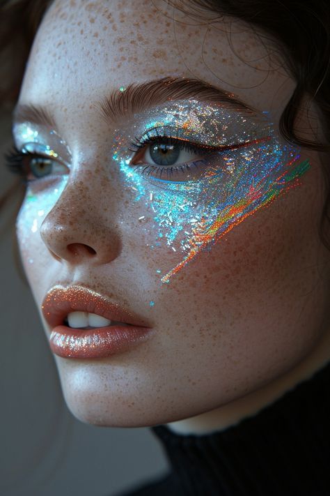 Trippy Makeup, Sci Fi Makeup, Cosmic Makeup, Alien Hair, Makeup Moodboard, Chrome Eyeshadow, Futuristic Makeup, Concert Style, Holographic Makeup