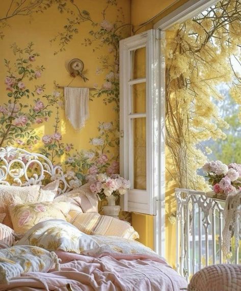 Pink Cottagecore Room, Yellow Room Aesthetic, Yellow Bedroom Aesthetic, Casa Vintage, Yellow Bedroom, Stylish Bedroom, Dream Room Inspiration, Dream House Interior, Cozy Room