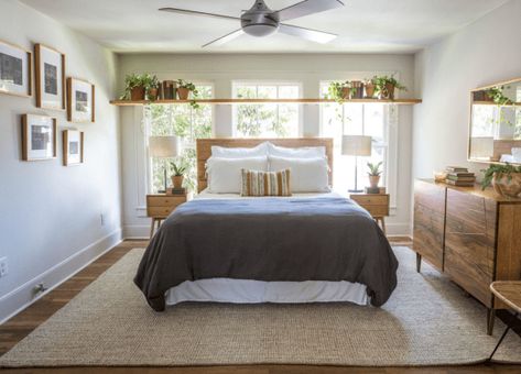 How To Place Your Bed In Front Of A Window • One Brick At A Time Bed Frames In Front Of Window, Bay Window Behind Bed, Bed Against Bay Window, Master Bed Under Window Ideas, Headboard Window Behind Bed, Bedroom Wall Shelf Ideas Above Bed, Bed In Front Of Large Window, Bed In Front Of Door, Bed In Front Of Bay Window