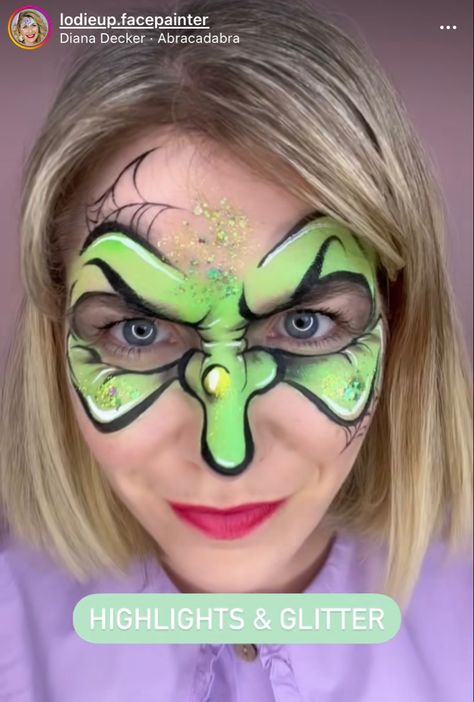 Witch halloween facepaint Witch Face Paint, Kids Halloween Face, Face Painting Halloween Kids, Halloween Face Paint Designs, Monster Face Painting, Easy Halloween Face Painting, Sugar Skull Face Paint, Halloween Crown, Adult Face Painting