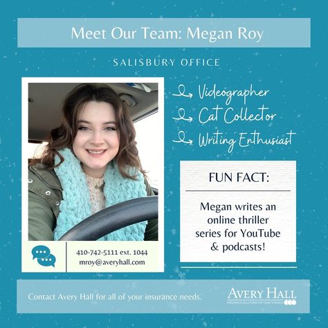 It's time to Meet Our Team! Get to know Megan Roy, Marketing Communication Specialist for Avery Hall in our Salisbury office. Megan makes many of the videos and social media posts you see from us! Contact Avery Hall for all of your insurance needs at 410-742-5111. #meetourteam Meet The Team Instagram Post Ideas, Meet The Staff Instagram Post, Meet The Board Instagram Post, Team Social Media Post, Meet Our Team Instagram Post, Meet The Team Social Media Post, Employee Spotlight Social Media Post, Employee Spotlight Social Media, Meet The Team Post