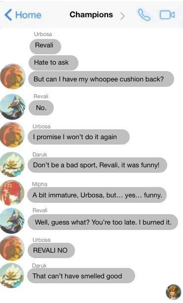 //pintrest: @LivingColor03// Legend Of Zelda Champions Text, Botw Champions Group Chat, Botw Champions Texts, Botw Champions, Whoopie Cushion, Zelda Comics, Zelda Hyrule Warriors, Legend Of Zelda Memes, Zelda Funny