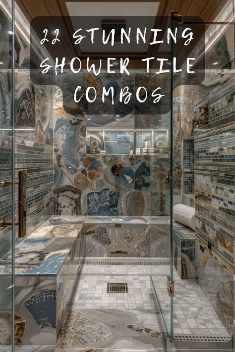 Looking for the perfect tile combination for your shower? I've rounded up 22 stunning ideas that will transform your bathroom into a spa-like retreat. From modern to classic designs, find the inspiration you need to create your dream space. Click to see all the amazing combos and get started on your bathroom upgrade today! 🛁✨ #ShowerTiles #BathroomDesign #HomeInspiration #TileIdeas #BathroomRenovation Shower Tile Mood Board, Resort Style Bathroom Ideas, Modern Shower Tile Ideas Walk In, Shower Tile Border Ideas, Beautiful Shower Tile, Spa Shower Tile Ideas, Unique Bathroom Tile Designs, Bathroom Tile Halfway Up Wall, Mediterranean Shower Tile Ideas