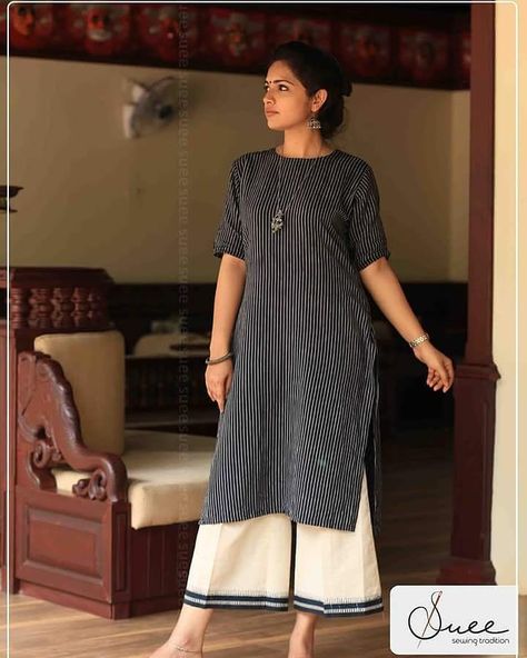 Get stylish with Handloom Khadi striped kurti with khadi kuppadam palazzo Product cod Khadi Kurti, Handloom Kurta, Handloom Dress, Khadi Kurta, Silk Kurti Designs, Indian Kurti Designs, Simple Kurta Designs, Designer Kurti Patterns, Simple Kurti Designs