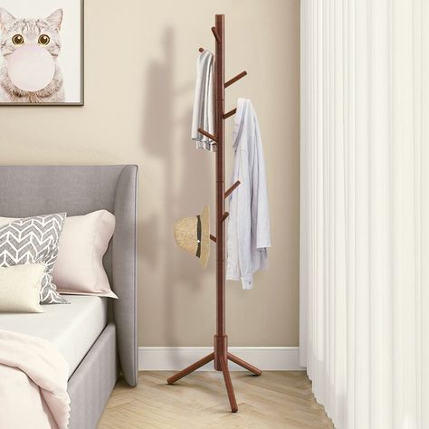 Rebrilliant Adosinda 19.7'' Wide Solid Wood 8 - Hook Freestanding Coat Rack & Reviews | Wayfair Wood Coat Hanger, Free Standing Coat Rack, Hall Tree With Storage, Wood Shoe Storage, Wood Hooks, Coat Tree, Hall Stand, Hanger Stand, Standing Coat Rack