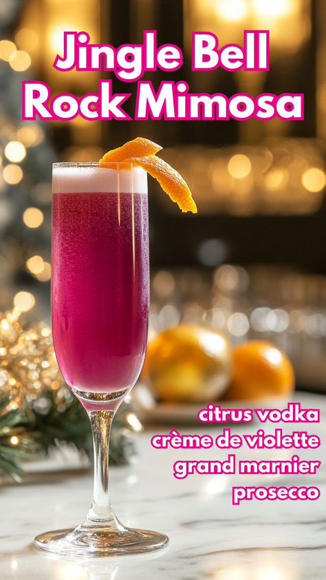 Jingle Bell Rock Mimosa Recipe Sugar Plum Mimosa Recipe, Nye Drinks For Kids, Vodka Prosecco Cocktail, Winter Mimosa, Christmas Alcoholic Drinks, Holiday Mimosa, Christmas Beverages, Classic Mimosa, Cocktail Cards