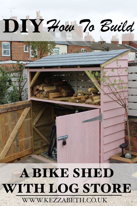 DIY How to Build a Bike Shed with Log Store - FULL DIY Guide | www.kezzabeth.co.uk Diy Bike Shed, Shed With Log Store, Log Shed, Outdoor Bike Storage, Bike Shelter, Range Velo, Build A Bike, Bike Wall, Log Store