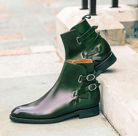 Green Men Burnished Toe High Ankle Rounded Double Buckle Strap Jodhpur Boots on Storenvy Blue Leather Boots, Black Dress Boots, Jodhpur Boots, Double Monk Strap, Custom Design Shoes, High Ankle Boots, Leather Boot Shoes, Mens Wear, Buckle Boots