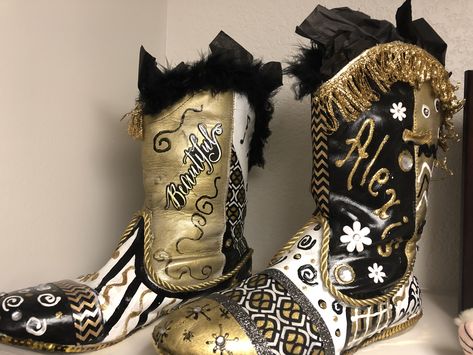 Decorated drill team boots Drill Team Boots Painted, Drill Team Social Officer Themes, Drill Team Boots Decorated, Drill Team Social Officer Ideas, Drill Team Boots, Opposing Team Gifts Drill Team, Drill Team Captain, Grad Photoshoot, Sorel Winter Boot