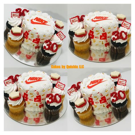 #cake #cupcakes #30thbirthday #birthday #birthdayparty #nike #justdoit #nikesneakers Nike Cupcakes Cake Ideas, Nike Cupcakes, Nike Cake, Cake Number, Cake Cupcakes, Cupcake Cake, Themed Cupcakes, Sheet Cake, Rice Krispies