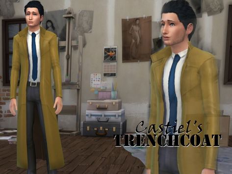 From seasons 4 to 9 of the show Supernatural - Castiel's trenchcoat, based on the trademark trench of John Constantine, was iconic. It became a trademark of Castiel - and was the envy of... Leather Trench Coat Mens, Supernatural Castiel, Castiel Supernatural, John Constantine, Biker Vest, Leather Trench Coat, Sims 4 Clothing, Trendy Shirts, Sims 4 Cc