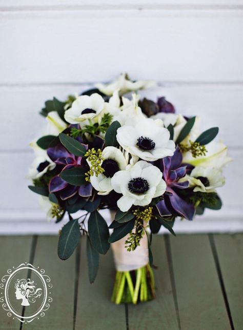 Deep Purple Hydrangea, Bridal Bouquet Purple, White Anemones, Bouquet Purple, Purple Bridal Bouquet, Purple Succulents, Purple Wedding Bouquets, White Anemone, Succulent Bouquet