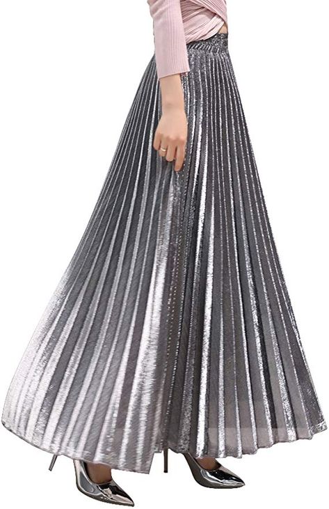 CHARTOU Women's Premium Metallic Shiny Shimmer Accordion Pleated Long Maxi Skirt (X-Large, Silver) at Amazon Women’s Clothing store Shimmer Skirt Outfit, Lace Skirt And Blouse Nigerian Latest, Long Pleated Skirt Outfit, Futuristic Fashion Women, Lace Skirt And Blouse, Rose Gold Clothes, Beach Maxi Skirt, Shiny Skirts, Silver Outfits