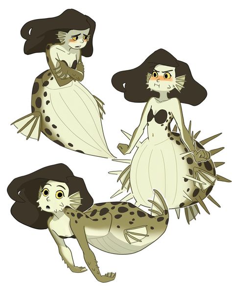 So like a puffer fish merm who gets embarrassed from puffing Mermaid Monster, Webbed Hands, Black Eyes Black Hair, Looking To The Side, Yellow Skin, Fish Head, 동화 삽화, Humanoid Creatures, Mermaid Drawings