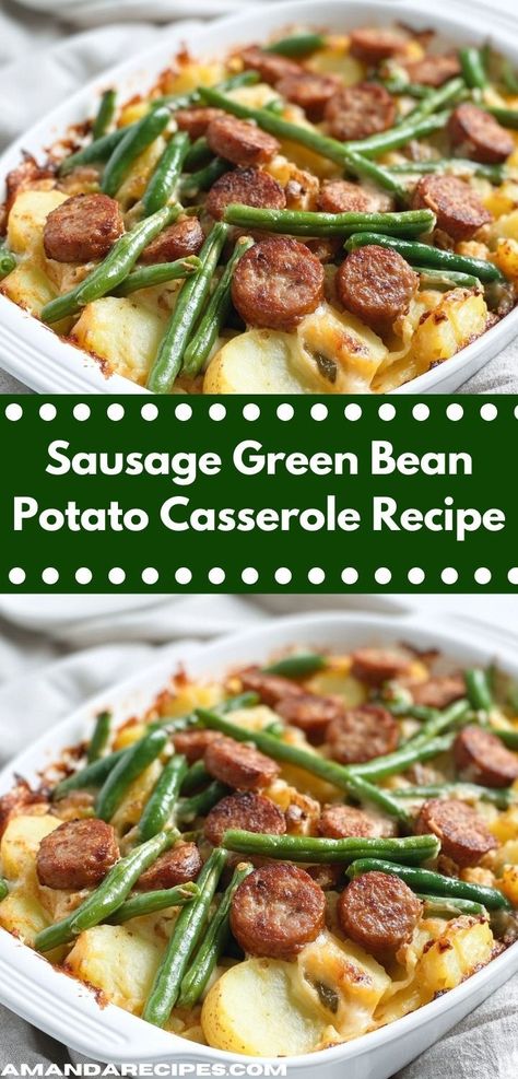 Need a delicious way to use pantry staples? Discover this flavorful Sausage Green Bean Potato Casserole Recipe, perfect for busy nights. It's a family-friendly option that ensures everyone leaves the table happy. Sausage Green Bean Potato Casserole, Green Bean Potato Casserole, Sausage And Green Beans, Yummy Casserole Recipes, Green Beans And Potatoes, Hearty Casseroles, Sausage Potatoes, Sausage Casserole, Potatoe Casserole Recipes