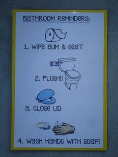 Maybe I need reminder signs like this in all my bathrooms for the boys! Daycare Bathroom Ideas, Job Checklist, Daycare Bathroom, Daycare Organization, Black And White Tiles Bathroom, Daycare Forms, Job Chart, Potty Time, Bathroom Rules