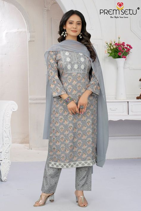 For More Details DM : + 91 6358918866 + 91 7861811565 . . Brand : Premsetu PS803A Size : M TO XXL Category : Pant Pair With Dupatta Work : Embroidery Work Fabric : Capsule Foil Print Length : 44" Sleeve : (3/4)* Inner : No Pant : Ankle Pant Dupatta : Chiffon Dupatta . . #Premsetu #meeraligroup #meeralisilkmillsllp #pantpairwithdupatta #Newkurtidesigns #anklepants #chiffondupatta #capsuleprint #rayonkurti #madeinindia #amazingdresses #partydress #Fashion2022 #dupattastyal #DesignerKurti #perfact Foil Print Kurti, New Kurti Designs, Printed Kurti, Chiffon Dupatta, Embroidery Work, Foil Print, Ankle Pants, Kurti Designs, Gorgeous Dresses