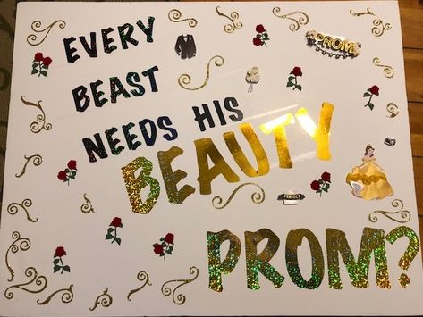 Beauty And The Beast Hoco Proposals, Beauty And The Beast Promposal, Prom Signs, Cute Hoco Proposals, Dance Proposals, Prom Posters, Prom Proposals, Cute Prom Proposals, Asking To Prom