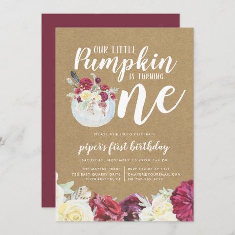 $2.92 | Little Pumpkin Autumn Floral First Birthday Party - rustic elegant, watercolor floral, white pumpkin, our little pumpkin, is turning one, autumn first birthday party, fall 1st birthday party invitations, cute pumpkin theme, kraft, burgundy marsala Floral First Birthday Party, Floral First Birthday, Fall First Birthday, Fall 1st Birthdays, Pumpkin 1st Birthdays, Pumpkin Invitation, Pumpkin First Birthday, Fall Birthday Parties, 1st Birthday Party Invitations