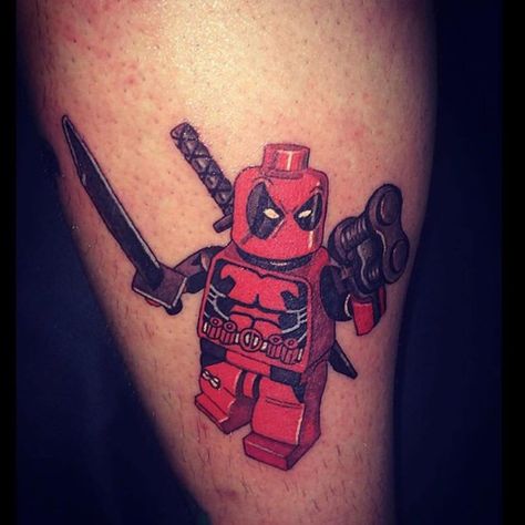 lego-tattoo-deadpool Lego Tattoo Ideas, Wired Tattoo, Wrench Tattoo, Lego Tattoo, Ninja Tattoo, Lego Deadpool, James Tattoo, Deadpool Tattoo, Dc Tattoo