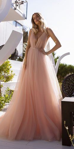 Peach And Blush Wedding Dresses You Must See ★  peach blush wedding dresses simple deep v neckline a line tinavalerdi Peach Blush Wedding Dress, Wedding Dress Trumpet, Peach Blush Wedding, Peach Wedding Dress, Tight Wedding Dress, Unique Wedding Gowns, Tulle Party Dress, Blush Wedding Dress, Wedding Dresses Blush