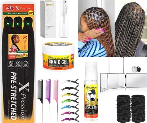 Including braiding hair, briading gel, combs, clips, hair ties, 3 way mirror, spary bottle, and braid foam. 3 Way Mirror, 3 Way Mirrors, Knotless Braids, Braiding Hair, Hair Products, Hair Ties, Braided Hairstyles, Braids, Mirror