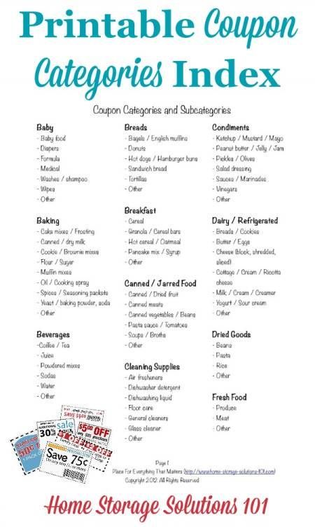 Free printable coupon categories index, which you can use in your coupon binder as table of contents {courtesy of Home Storage Solutions 101} Couponing For Beginners Step By Step, Coupon Binder Organization, Couponing Tips, How To Start Couponing, How To Coupon, Couponing 101, Couponing For Beginners, Coupon Stockpile, Free Printable Coupons