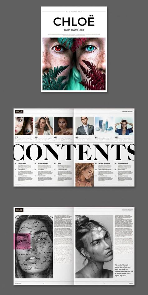 Fashion Magazine Template InDesign INDD Indesign Cover Page, Indesign Design Ideas, Book Magazine Cover, Editors Page Magazine Layout, Magazine Index Page Design, Fashion Magazine Inspiration, Graphic Design Fashion Magazine, Magazine Layout Ideas Graphic Designers, Magazine Design Template