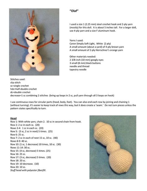 Patrón Gratuito Olaf - Her Crochet F0E Crochet Olaf Free Pattern, Olaf Crochet Pattern Free, Crochet Olaf, Double Crochet Decrease, Crochet Toys Free, Crochet Kids Hats, Animal Knitting Patterns, Crochet Disney, Crochet Keychain Pattern