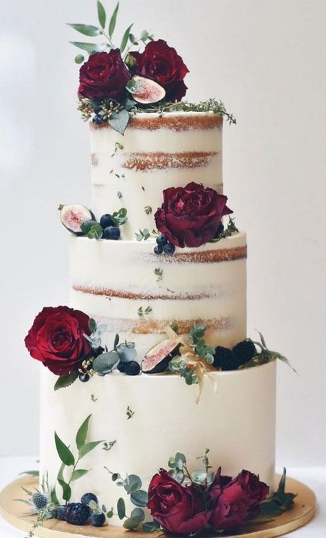 Rustic country naked wedding cakes #wedding #weddingideas #rusticwedding #weddingcakes #cakes Seminaked Wedding Cake, Wedding Cake Two Tier, Autumn Wedding Cake, Kek Kahwin, Vintage Pasta, Burgundy Wedding Cake, Burgundy Roses, Country Wedding Cakes, Winter Wedding Cake